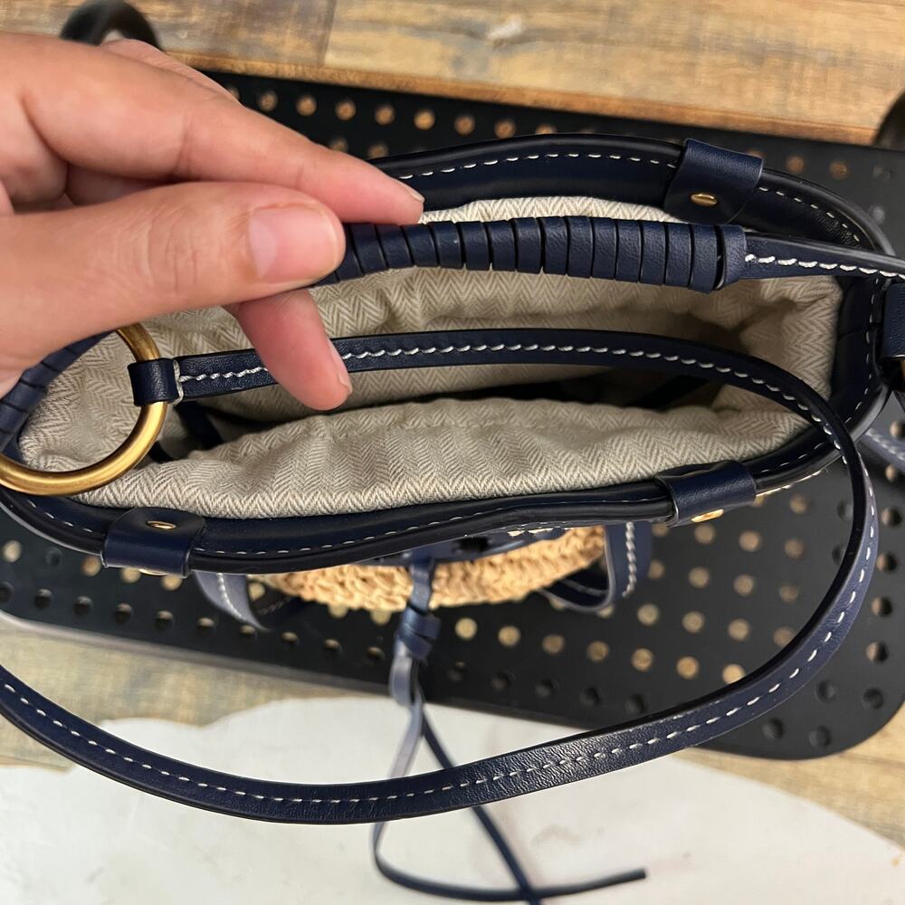 Tory Burch Miller Straw Bucket Bag Natural Navy Crossbody Purse Leather Trim - Picture 12 of 12